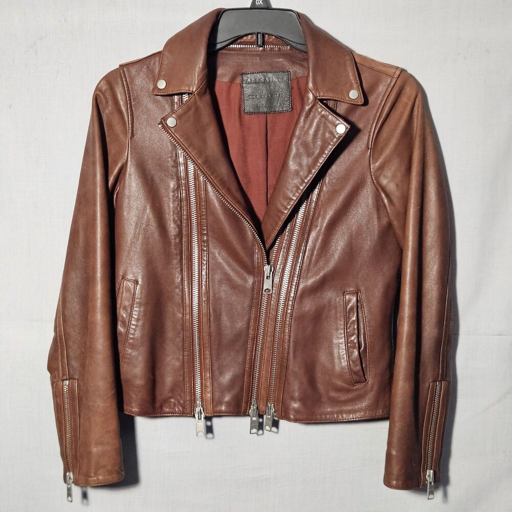 AllSaints Dare Biker Leather Jacket Moto 4-in-1 Womens 4 Sm Brown Lambskin